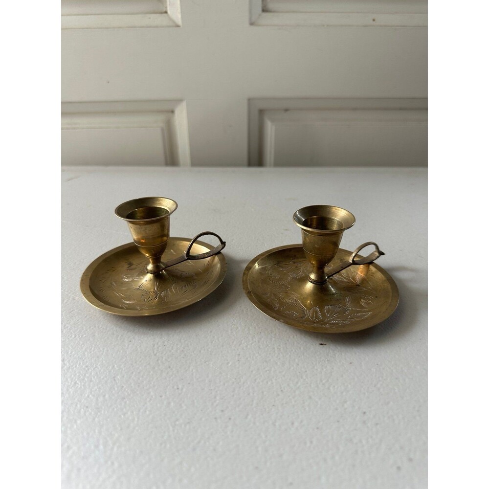2 Vintage Primitive Farmhouse Etched Floral Brass Chamberstick Candle Holders